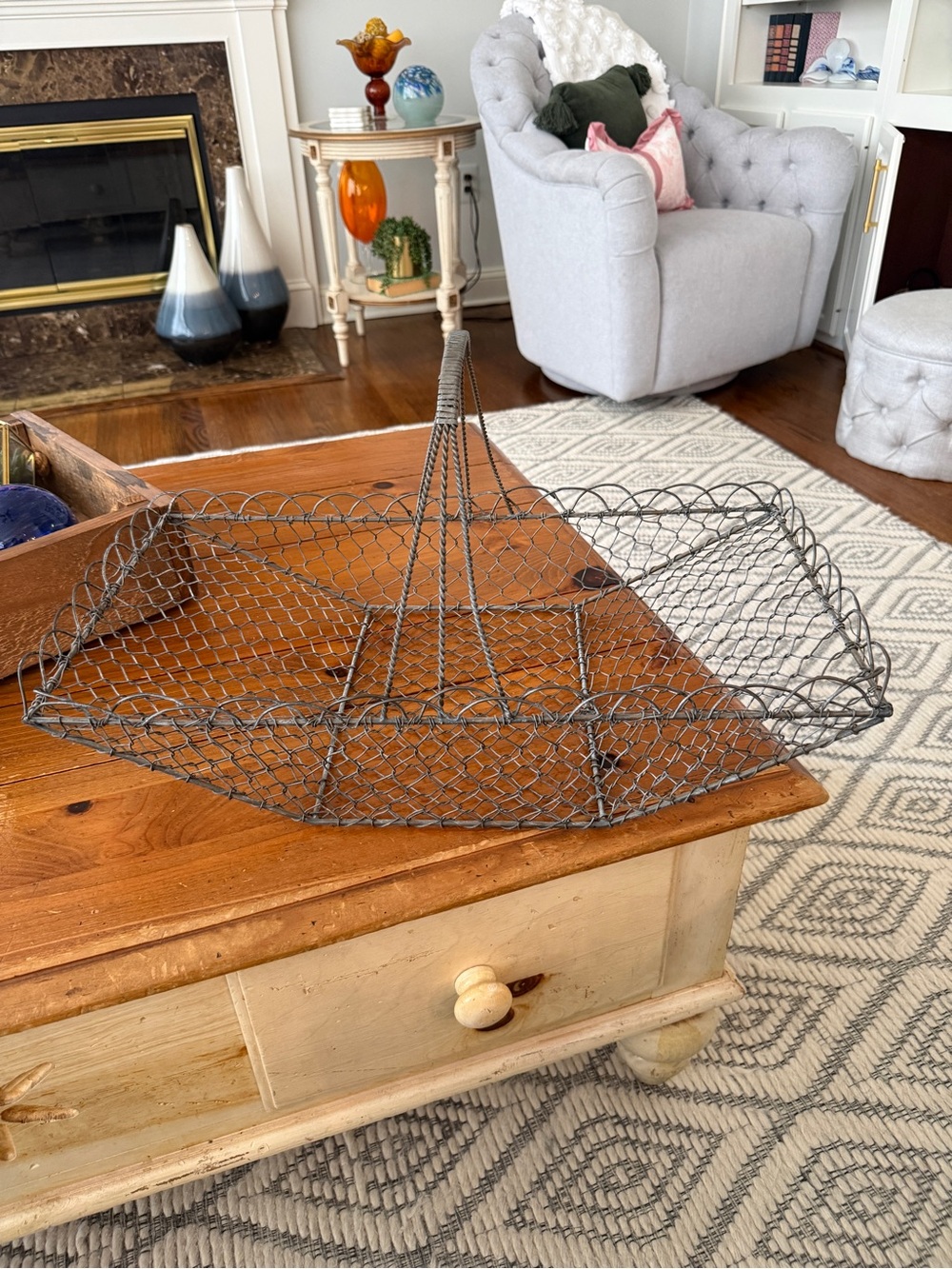 French Wire Harvesting Basket with Handle. Primitive Rustic Farmhouse.   Vintage